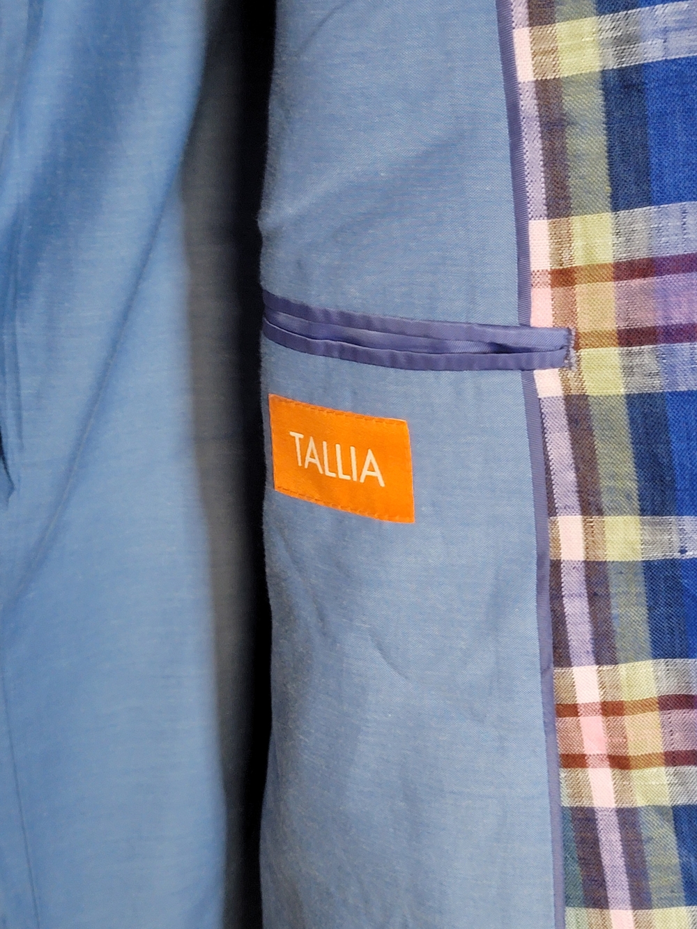 TALLIA Slim Fit Blue Multi-Color Plaid 100% Linen Sport Coat 42R - Picture 2 of 16
